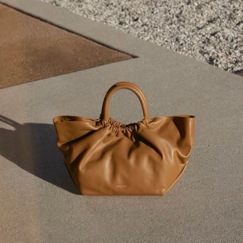 DeMellier Cognac Ruched Leather Top-Handle Tote